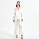 Women Black V-Neck Acetate Satin Suit Blouse and pants suit set - Image 2