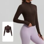 Women Cropped Workout Jacket Stand Collar Full Zip Corset Seam Design Long Sleeve Thumb Holes Stretchy Athletic Top Gym Running - Image 2
