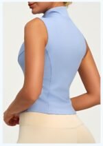 Women Stand Collar Sleeveless Workout Vest Full Zip Front Stretchy Seamed Slim Fit Cropped Tank Top for Gym Running Yoga - Image 2