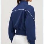 Women Fleece Lined Warm Yoga Jacket Full Zip Stand Collar Side White Stripe Long Sleeve Cropped Athletic Top - Image 2