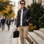 Men's Black Genuine Leather Moto Jacket Diagonal Chest Zipper Pocket Side Zip Pockets Slim Fit Mid Length Casual Leather Coat - Image 3