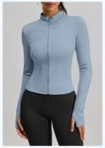 Women Zip Up Workout Jacket Stand Collar Thumb Holes Long Sleeve Slim Cropped Sports Top For Gym Yoga Running - Image 3