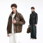 Men Vintage Distressed Faux Leather Stand Collared Zip Up Bomber Jacket Loose Fit PU Leather Long Sleeve Outerwear Coat - Image 3