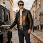 Men's Black Genuine Leather Trucker Jacket Point Turn Down Collar Slim Fit Mid Length Casual Leather Coat - Image 2
