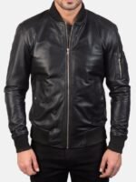 Men's Washed Faux Leather Ribbed Baseball Collar Zip Up Bomber Jacket, Single Zipper Sleeve Pocket Slim Fit Pilot Outerwear - Image 2