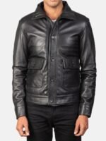 Men Vintage Brown Washed Full Grain Leather Lapel Dual Pocket Slim Trucker Jacket - Image 5