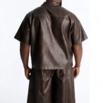 Men's Brown Washed Faux Leather jacket 2 Piece Short Sleeve Button Down Cropped Shirt Wide Leg Knee Length Bermuda Shorts Set - Image 3