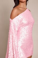 Women's Dress Petite Pink Sequin Asymmetric Mini Dress - Image 2