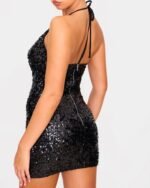 Women's Dress Sequin Tie Cowl Halter Neck Bodycon Dress - Image 5