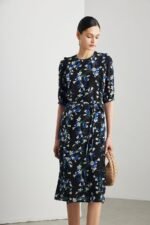 Women Silk Floral Midi Dress Round Neck Half Sleeve Waist Tie Elegant Casual A Line Dress - Image 4