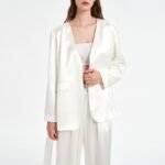 Women Black V-Neck Acetate Satin Suit Blouse and pants suit set - Image 3