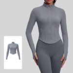 Women Cropped Workout Jacket Stand Collar Full Zip Corset Seam Design Long Sleeve Thumb Holes Stretchy Athletic Top Gym Running