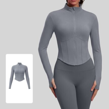 Women Cropped Workout Jacket Stand Collar Full Zip Corset Seam Design Long Sleeve Thumb Holes Stretchy Athletic Top Gym Running