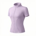Women Full Zip Short Sleeve Yoga Jacket Stand Collar Quick Dry Slim Fit Cropped Athletic Top - Image 2
