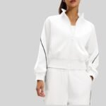 Women Fleece Lined Warm Yoga Jacket Full Zip Stand Collar Side White Stripe Long Sleeve Cropped Athletic Top - Image 4