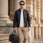 Men's Black Genuine Leather Moto Jacket Diagonal Chest Zipper Pocket Side Zip Pockets Slim Fit Mid Length Casual Leather Coat - Image 4