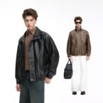 Men Vintage Distressed Faux Leather Stand Collared Zip Up Bomber Jacket Loose Fit PU Leather Long Sleeve Outerwear Coat