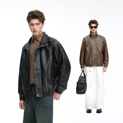 Men Vintage Distressed Faux Leather Stand Collared Zip Up Bomber Jacket Loose Fit PU Leather Long Sleeve Outerwear Coat