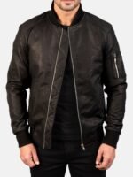 Men's Washed Faux Leather Ribbed Baseball Collar Zip Up Bomber Jacket, Single Zipper Sleeve Pocket Slim Fit Pilot Outerwear - Image 3