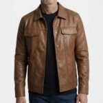 Men Brown Faux Leather Trucker Jacket Contrast Lapel Collar Button Down Casual Outerwear - Image 4