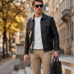 Men's Black Genuine Leather Trucker Jacket Point Turn Down Collar Slim Fit Mid Length Casual Leather Coat