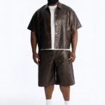 Men's Brown Washed Faux Leather jacket 2 Piece Short Sleeve Button Down Cropped Shirt Wide Leg Knee Length Bermuda Shorts Set