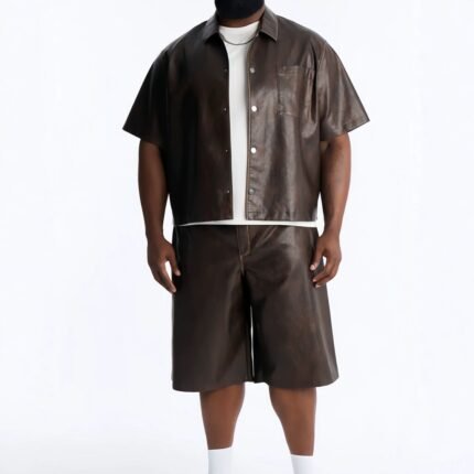 Men's Brown Washed Faux Leather jacket 2 Piece Short Sleeve Button Down Cropped Shirt Wide Leg Knee Length Bermuda Shorts Set