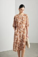 Women Silk Floral Midi Dress Round Neck Half Sleeve Waist Tie Elegant Casual A Line Dress - Image 3
