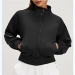 Women Fleece Lined Warm Yoga Jacket Full Zip Stand Collar Side White Stripe Long Sleeve Cropped Athletic Top - Image 3
