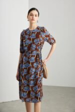 Women Silk Floral Midi Dress Round Neck Half Sleeve Waist Tie Elegant Casual A Line Dress - Image 5