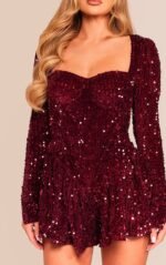 Women's Dress Sequin Cup Detail Long Sleeve Skater Playsuit - Image 3